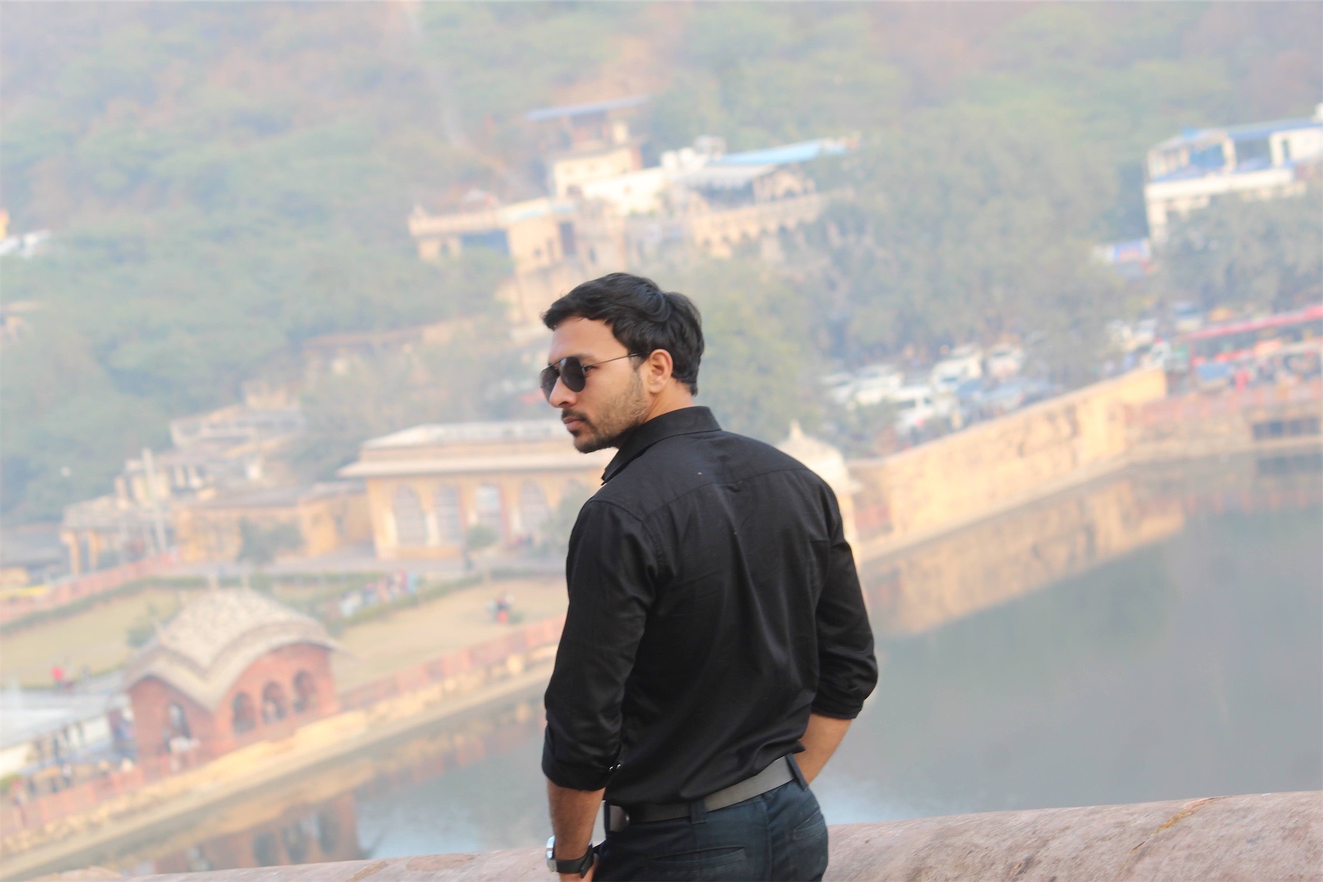 Man overlooking historical fort